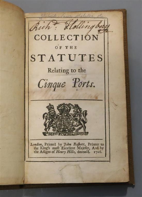 CINQUE-PORTS: A Collection of The Statutes relating to The Cinque Ports, 12mo, rebound modern cloth, John Baskett, London 1723